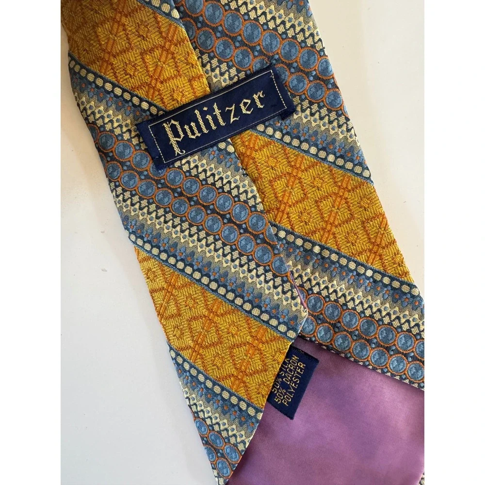 Pulitzer Mens Silk Blend Geometric Medallion Stripe Tie Gold Blue Orange 56